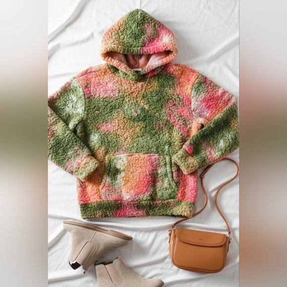 Tops - Sherpa Tie Dye Hoodie Sweater Cozy Fleece Pullover with Kangaroo Pocket